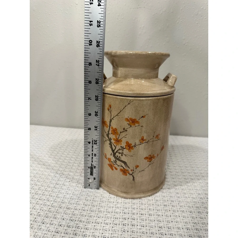 Vintage Ceramic Milk Can Canister 9x5 Tan Orange Cherry Blossom Farmhouse Decor